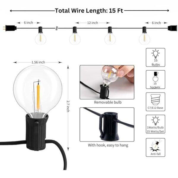XERGY Outdoor String Lights 15 Feet G40 Globe Lights with 15 Edison LED Break Proof Bulbs +1 Extra, Light for Backyard Terrace Garden Balcony Party Decor for Home Decoration