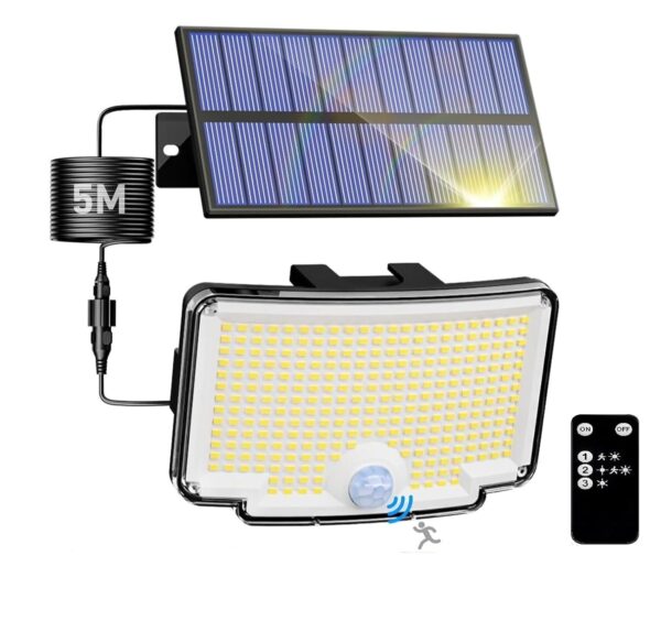 XERGY Solar LED Flood Light – 310 LED Curved Wide-Angle Outdoor Security Wall Light with Motion Sensor & Remote Control | Waterproof | 5-Meter Attached Cable for Home, Garden, Parking, Gate & Yard