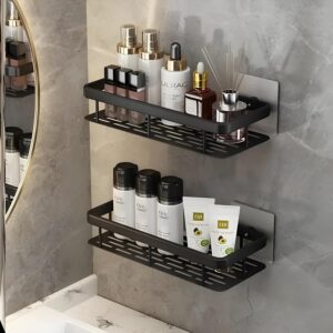 Yougai 2Pcs Aluminium Self Adhesive Wall Mounted Shelf for Bathroom Yougai 2Pcs Aluminium Self Adhesive Wall Mounted Shelf for Bathroom Multipurpose Organizer Wall Mounted Bathroom Rack Space Saving Without Drill Wall Shelf Wall Stand (Black)