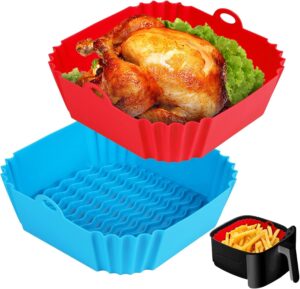 ZELKEY 2 PCS Air Fryer Liners I Square Silicone Basket Baking Tray I Pot with Ear Handles I Nonstick Reusable Heat Resistant I Cooking Oven Insert - Multicolor (Square Liner, 8 INCH)