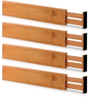 Zollyss Bamboo Drawer Dividers Organizers-Expandable Drawer Organization Separators For Kitchen Utensil,Dresser,Bedroom,Bathroom & Office,4-Pack 17.5-22 In,Natural(Ethylene Vinyl Acetate;Wood),Brown