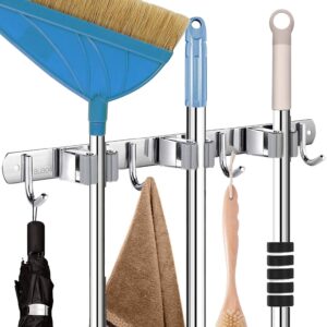Zollyss Broom Holder | Stainless Steel Wall Mounted Storage Organizer with 3 Racks and 4 Hooks, Broom Holder Wall Mount for Kitchen, Bathroom, Closet, Garage, Office, Garden (1 Pc)
