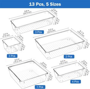 Zollyss Drawer Organizer Tray | Clear Plastic Bathroom & Makeup Storage Organizers | Dressing Table & Kitchen Drawer Dividers Set (13 Pcs)