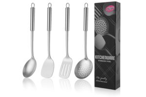 Zollyss Stainless Steel Kitchen Set | 4-Piece Cooking Utensils with Ladle, Solid & Slotted Turner, Skimmer | Heat Resistant & Dishwasher Safe