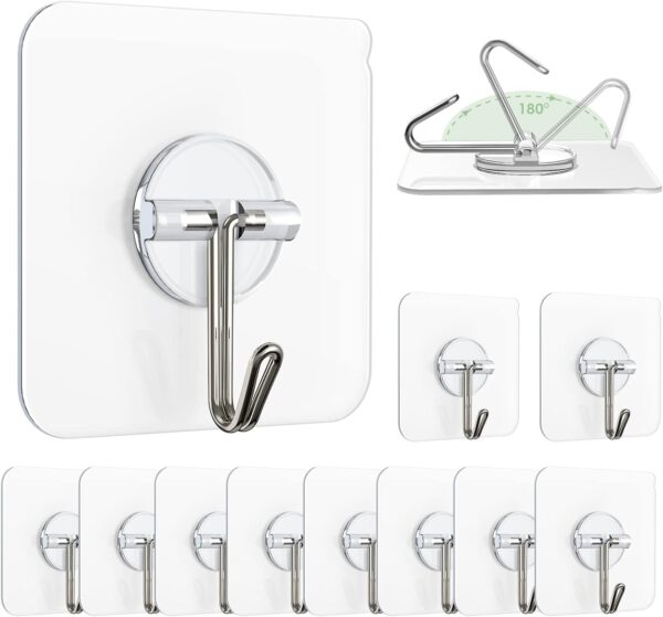 Zulaxy Hanging Hooks Without Drilling, 20 Pack Self Adhesive Hooks Heavy Duty Strong Nail Free, Kitchen Accessories Items (Hanging Hook, Transparent) Stainless Steel