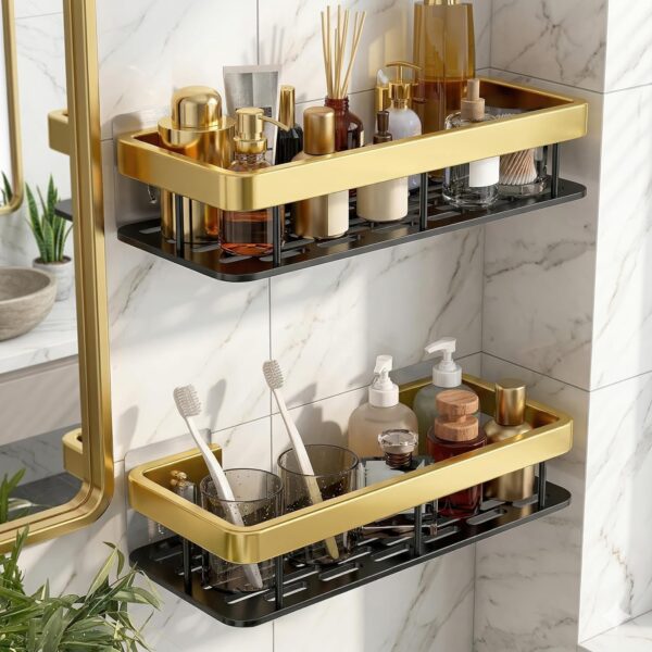 amazon basics 2 Pack Self Adhesive Bathroom Shelf for Wall, Bathroom Organiser Without Drill, Rust Resistant Wall Mounted Bathroom Rack for Shampoo, Soap & Toiletries, Black