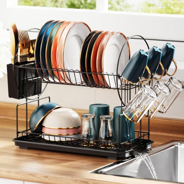 iSPECLE Dish Drying Rack - 2 Tier Dish Racks for iSPECLE Dish Drying Rack - 2 Tier Dish Racks for Kitchen Counter with Glass Holder, Utensil Holder and Drainboard, Small Dish Dryer Rack, Multifunctional Dish Drainer