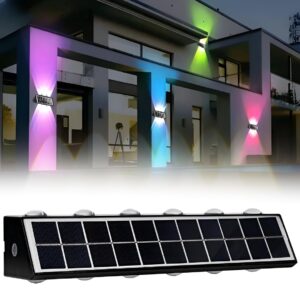 kh 12 LED Solar Wall Light RGB Up and Down kh 12 LED Solar Wall Light RGB Up and Down Lighting with On Off Button and Water Resistant Outdoor Decorative Lamp for Home, Garden, Terrace, Patio, Deck, Fence, Flood Light Set of 1