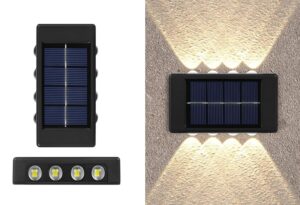 kh Solar 8 LED Wall Light Dual Direction Up & kh Solar 8 LED Wall Light Dual Direction Up & Down Outdoor Illumination | IP65 Waterproof | Modern Nordic Design | Solar Sensor Lamp for Garden, Porch, Home, Patio (Pack of 2)