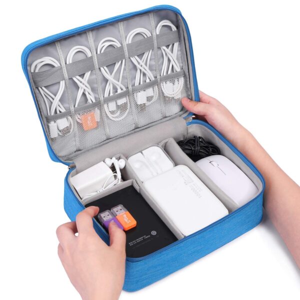 myzon Electronics Accessories Organizer Bag- Waterproof Cable Organizer Bag With 3 Removable Dividers,Padded Gadget Carrying Case For Cable,Chargers,Electronics Adapters Carry Bag,Blue