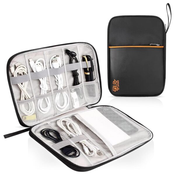 oddpod™ Pu Leather Electronic Gadgets Organizer Bag for Travel/Portable Waterproof All-in-One Storage Case for Cable, Cord, Charger, Phone, Hard Drive and More - Medium (Black)