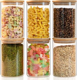 1050ML Kitchen Storage Borosilicate Glass Jar Container with Air Tight Bamboo Wooden Lid Storage Containers Round Shape for Sugar,Candy, Cookie, Rice and Spice Jar (1050ML JARS, 6 PCS)