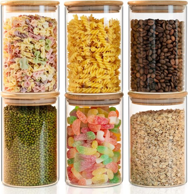 1050ML Kitchen Storage Borosilicate Glass Jar Container with Air Tight 1050ML Kitchen Storage Borosilicate Glass Jar Container with Air Tight Bamboo Wooden Lid Storage Containers Round Shape for Sugar,Candy, Cookie, Rice and Spice Jar (1050ML JARS, 6 PCS)