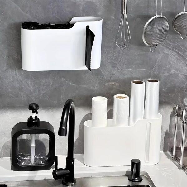 Panchhi Store Wall Mounted Garbage Bag Storage Box Punch Free Trash Bag Dispenser No Drill Plastic Organizer for Kitchen Bathroom Cabinet Under Sink Space Saving Holder White Pack of 1