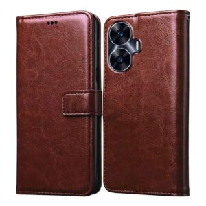 Amazon Brand - Solimo Flip Leather Mobile Cover (Soft, Flexible & Kickstand Back case) Compatible for Realme C55 4G / Narzo N55 4G (Brown)