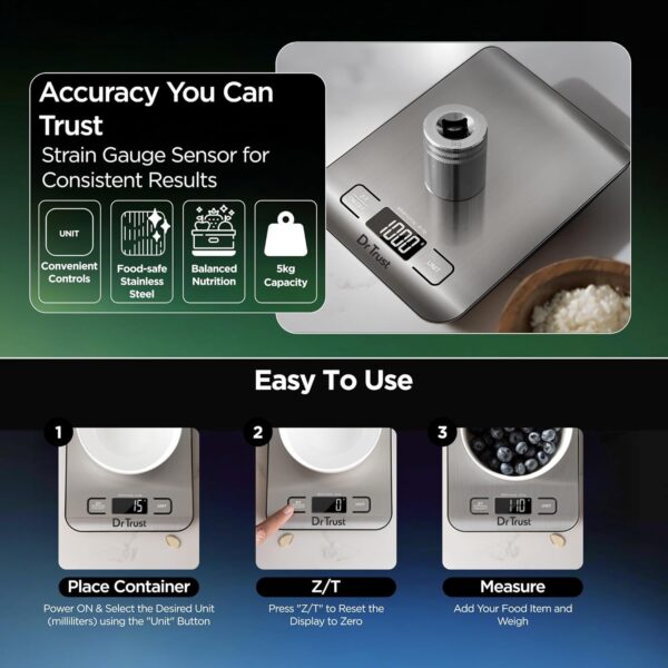 Dr Trust USA Stainless Steel Electronic Kitchen Digital Scale Weighing Machine For Health, Fitness, Diet, Nutrition, Cooking and Home Baking with Touch Button, Tare Function (5 Kg)-529
