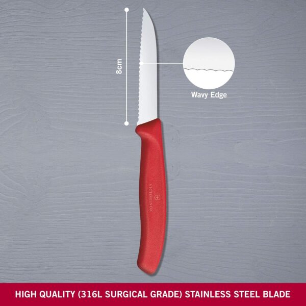 Victorinox, Swiss Classic, Kitchen Knife, Stainless Steel, Vegetable Cutting and Chopping Knife, Wavy Edge, 8 cm, Red, Swiss Made
