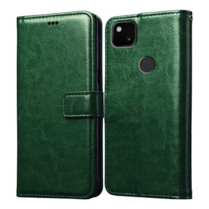 Amazon Brand - Solimo Flip Leather Mobile Cover (Soft, Flexible & Kickstand Back case) Compatible for Google Pixel 4A (Green)