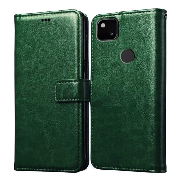 Amazon Brand - Solimo Flip Leather Mobile Cover (Soft, Flexible Amazon Brand - Solimo Flip Leather Mobile Cover (Soft, Flexible & Kickstand Back case) Compatible for Google Pixel 4A (Green)
