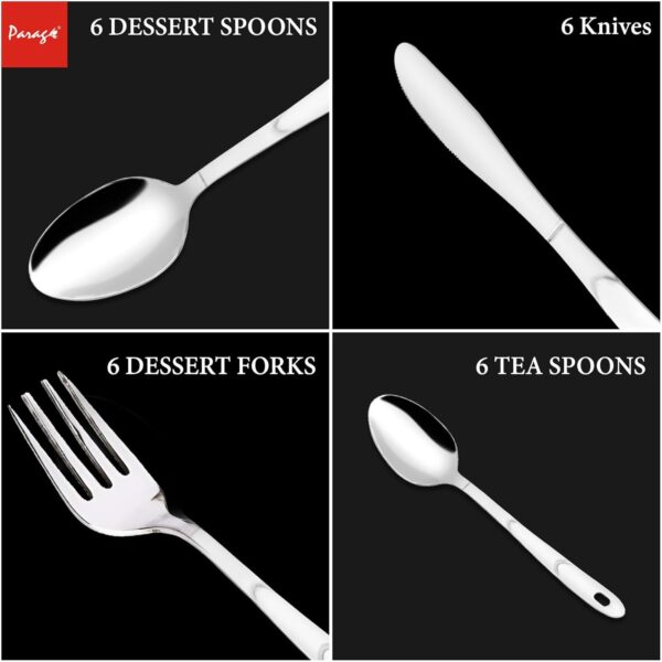 1777625015_Parage-25-Pieces-Glory-Stainless-Steel-Cutlery-Set-for-Home-Kitchen-Contains-6-Table-Spoons-6-Forks-6-Tea-Spoons-6-Knives-1-Stand-Spoon-Set-Cutlery-Set-for-Dining-Table-Stylish-Silver.jpg Parage 25 Pieces Glory Stainless Steel Cutlery Set for Home & Kitchen (Contains: 6 Table Spoons, 6 Forks, 6 Tea Spoons, 6 Knives, 1 Stand), Spoon Set, Cutlery Set for Dining Table Stylish, Silver