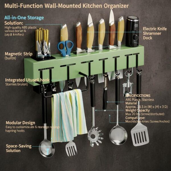 Wall Mounted Kitchen Organizer Rack with Knife Holder Slots, Utensil Hanging Hooks, Towel Bar and Storage Cup, Drill or Adhesive Installation Kitchen Storage Shelf Unit (GREEN__01)