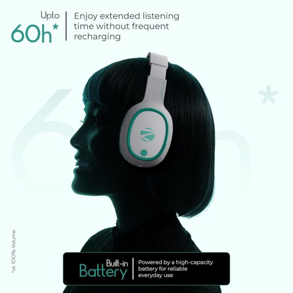 ZEBRONICS Thunder (2026 Upgrade) Wireless Headphones, BT v6.0, True 60 hrs Playback, 40mm Drivers, ENC, Gaming Mode, Dual Pairing, AUX & microSD, Rapid Charging, Call Function (Sea Green)
