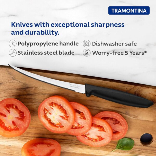 TRAMONTINA Plenus 12cm / 4.7" Tomato Knife | Stainless Steel Blade | Kitchen Knife for Tomatoes/Kiwis | Wavy/Micro-Serrated Edge | Black Polypropylene Handle | Made in Brazil | 5 Year Warranty