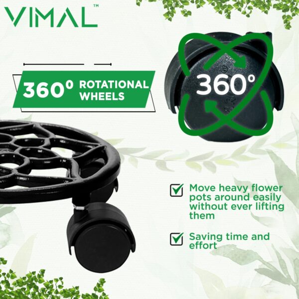 VIMAL Cast Aluminium Plant Stand - Heavy Duty Metal Plant Stand - Outdoor Indoor Plant Caddy with Wheels - Round Flower Pot Trolley | Rolling Tray Coaster | Flower Pot Rack with Wheel - Black - (2PC)