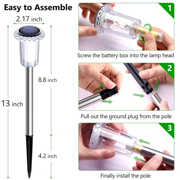 DenicMic Solar Lights Outdoor 15 Pack Waterproof 6000K Cold White LED Stainless Steel Stake Outside Lights for Yard Pathway Garden Driveway Walkway Landscape Path Lighting