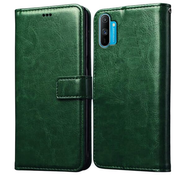 Amazon Brand - Solimo Flip Leather Mobile Cover (Soft, Flexible Amazon Brand - Solimo Flip Leather Mobile Cover (Soft, Flexible & Kickstand Back case) Compatible for Realme C3 / Narzo 20A (Green)