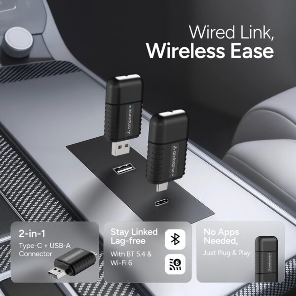 Ambrane 2 in 1 Wireless CarPlay & Android Auto Adapter | Convert Wired to Wire-Less CarPlay/Android-Auto | Plug & Play USB Dongle | Bluetooth 5.4 + Dual-Band Wi-Fi | Works with iPhone & Smartphone