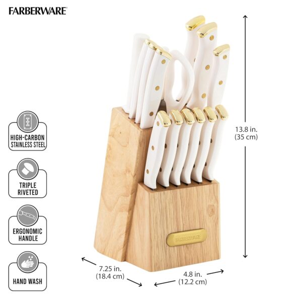 1777699843_Farberware-15-Piece-Triple-Riveted-Knife-Set-High-Carbon-Stainless-Steel-Kitchen-Knives-Sharp-Knife-Set-with-Wood-Block-White-and-Gold.jpg Farberware 15 Piece Triple Riveted Knife Set, High Carbon Stainless Steel Kitchen Knives, Sharp Knife Set with Wood Block, White and Gold