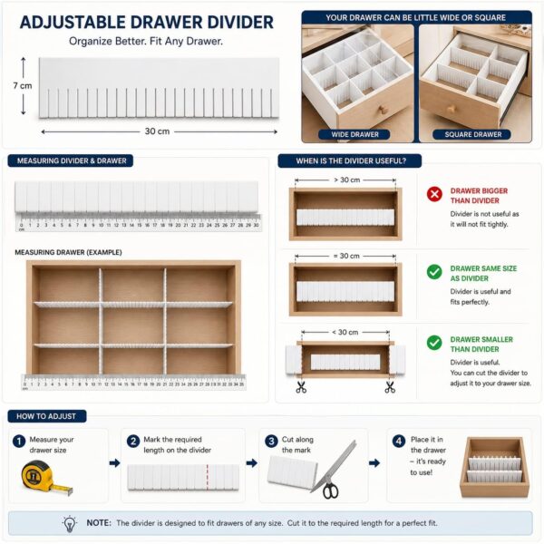 6 pcs Adjustable Drawer Divider (30 C.M. Length- 7 C.M. Width) Drawer Organizer for Kitchen, Cutlery, Clothes & Storage Drawers - Interlocking Plastic Separators for Home and Office use [ white ]