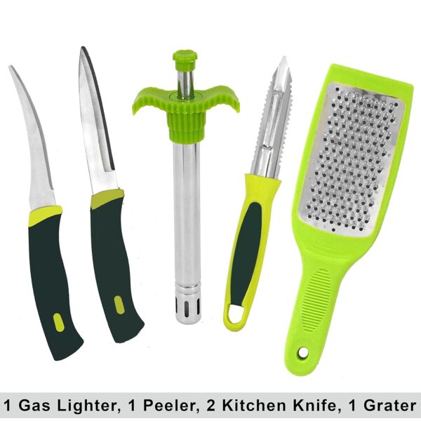 TULMAN 5pcs Multipurpose Kitchen Combo Knife Set Kitchen uitility Combo-Vegetable Cutter with Peeler,Cheese/Ginger Grater & Stainless Steel Gas Lighter with 2 Knife - Green