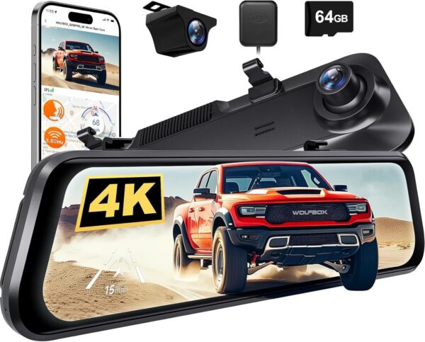 WOLFBOX G850 PRO 4K Rear View Mirror Dash Cam for Car Front and Rear with GPS, ADAS, BSD, 12" Touchscreen, 5.8GHz WiFi, Voice Control, G-Sensor, Loop Recording, 64GB Card Included
