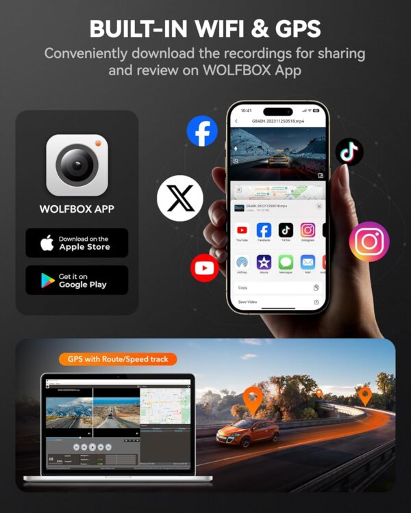 WOLFBOX G840H 12" Touchscreen Mirror Dash Cam with WiFi, 2.5K Rear View Mirror Camera with 1080P Rear Camera, Mirror Dash Camera for Car Front and Rear, Parking Mode, WDR, Included 32GB Card and GPS