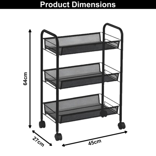 LUXE HOME INTERNATIONAL 3-Tier Revolving Kitchen Trolley with Wheels | Vegetable Metal Trolley Rack | Multipurpose Metal Storage Organizer | Square Design, 360° Rotating Utility Cart (Black 45x27x64)