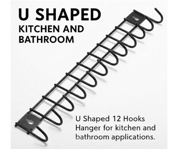 U-Shaped 12 Hooks Wall Mounted Kitchen Utensil Hanger Rack | Heavy Duty Metal Storage Holder for Cooking Tools, Pans & Accessories | Space Saving Organizer for Kitchen & Bathroom (Black, 2 Pc)