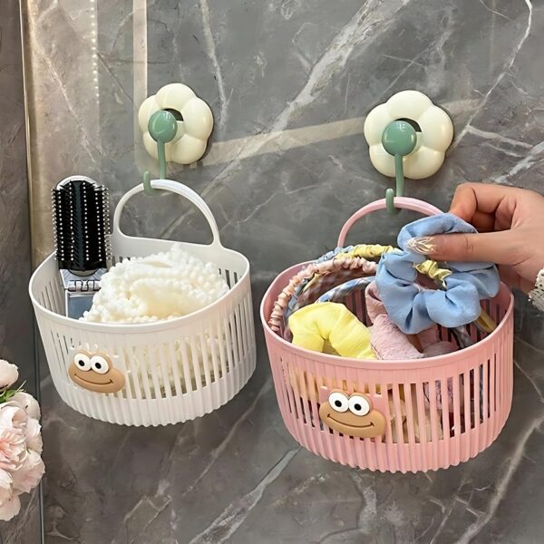 Cute Wall Mounted Storage Basket with Handle | Punch-Free Hanging Organizer Basket | Drainage Design Plastic Storage Basket for Bathroom, Kitchen & Bedroom (Pack of 1)