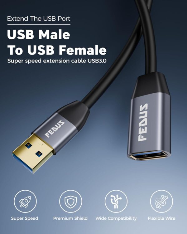 FEDUS USB Extension Cable 3.0 Long usb Male to Female Extender cable 9.8 FT for 5Gbps High Data Transfer, TV, PC, Laptop, Camera, Keyboard, Mouse, USB Flash Drive, Hard Drive, Printer, Game controller