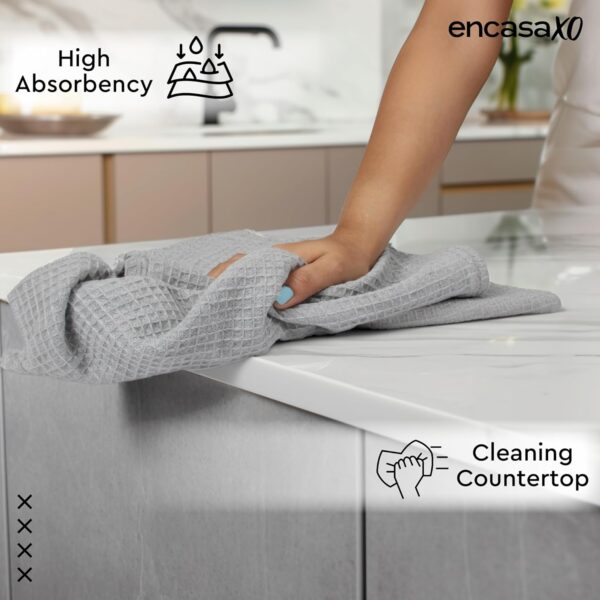 Encasa XO Kitchen Dish Towels Set | Light Grey | Waffle Weave and Flat Hand Tea Towel | 70x45 cm | Quick Drying Reusable Cotton Washcloths | Multipurpose Lightweight Dishcloths Set of 4