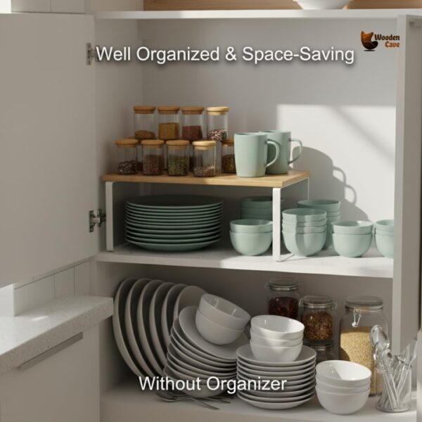 Expandable Kitchen Organizer, Bamboo Finish Spice Rack with Metal Frame, Space-Saving Countertop Cabinet Shelf, Multipurpose Storage Solution (Single Rack)