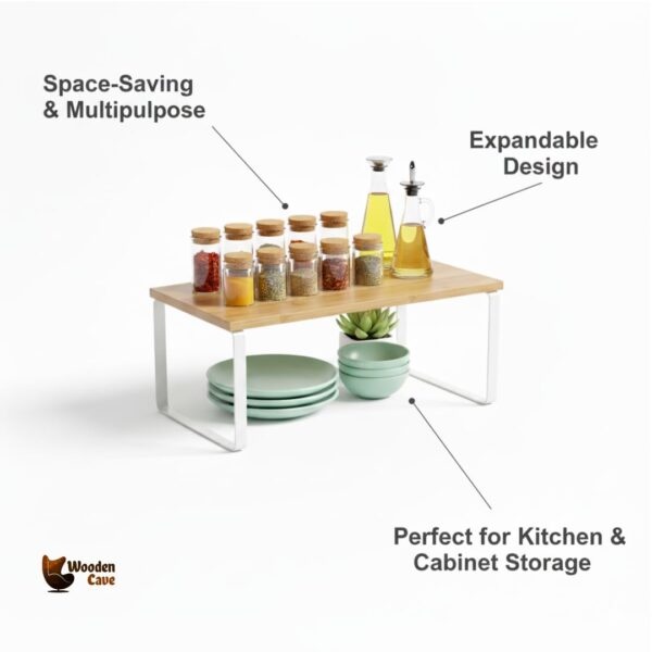 Expandable Kitchen Organizer, Bamboo Finish Spice Rack with Metal Frame, Space-Saving Countertop Cabinet Shelf, Multipurpose Storage Solution (Single Rack)