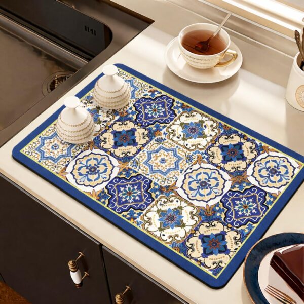 HomeCloud Dish Drying Mat for Kitchen Counter Hide Stain Super Absorbent, Non-Slip, Heat-Resistant, Great for Dishes,Rack Pad, Kitchen Counter, Coffee Maker (40x50cm, Royal_Blue_Star)