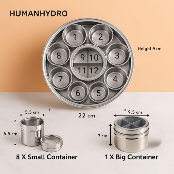 Human Hydro 12-in-1 Stainless Steel Masala Dabba | Spice Box with Partitioned Middle Container & 3 Spoons | See-Through Lid | Masala Container for Kitchen (22 cm, Silver)