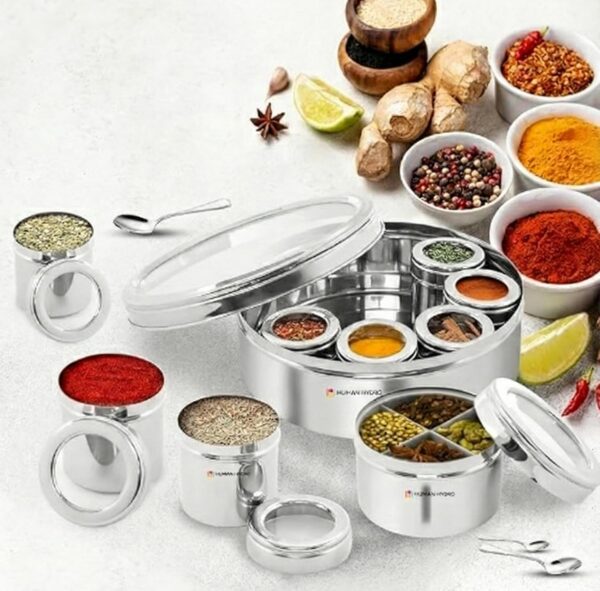 Human Hydro 12-in-1 Stainless Steel Masala Dabba | Spice Box with Partitioned Middle Container & 3 Spoons | See-Through Lid | Masala Container for Kitchen (22 cm, Silver)