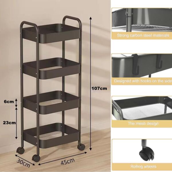 KRISHYAM® 4-Tier Metal Rolling Storage Trolley Cart with Wheels & Handle | Multipurpose Utility Organizer for Kitchen, Bathroom, Office & Salon | Heavy-Duty Steel (4-Layer Square)