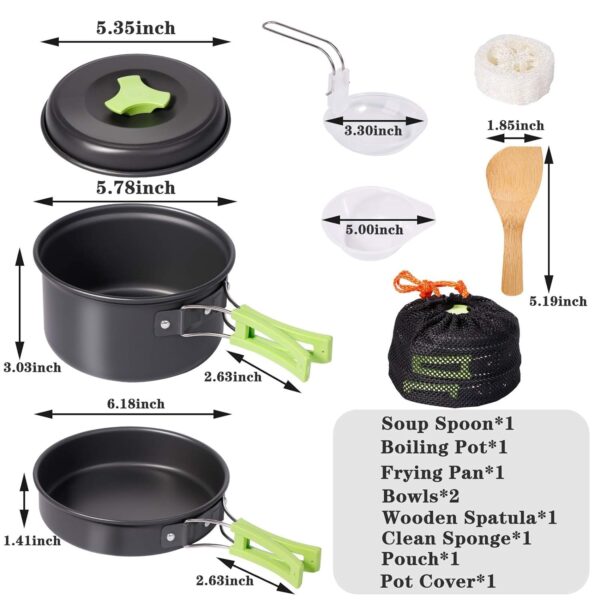 BYRM Camping Cookware Mess Kit with Gas Stove for Backpacking Gear – Camping Cooking Set - Camping Pots and Pans Set - Backpacking Stove/Portable Stove Compatible - Camp Kitchen Equipment