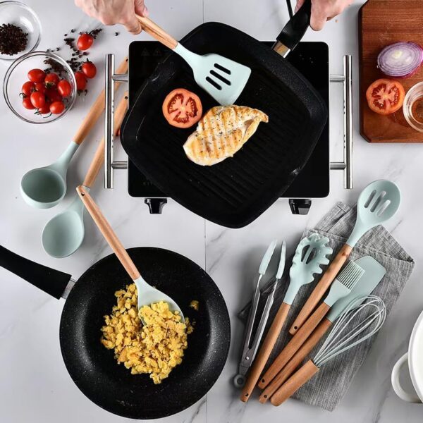 Snivy Kitchen Utensil Set 12-Piece, Silicone Cooking Utensils, Cooking Cutlery Set, Non-Stick Cooking Set, Kitchen Utensils Heat Resistant Cookware with Wooden Handle, Dishwasher Safe