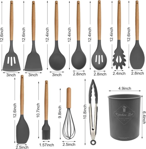 Snivy Kitchen Utensil Set 12-Piece, Silicone Cooking Utensils, Cooking Cutlery Set, Non-Stick Cooking Set, Kitchen Utensils Heat Resistant Cookware with Wooden Handle, Dishwasher Safe